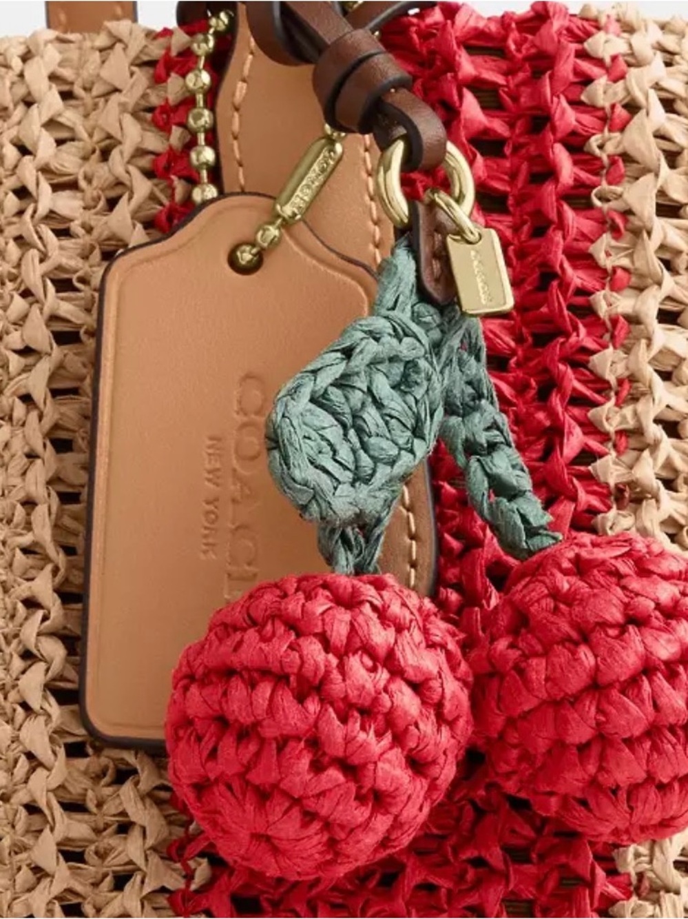 Coach Red and Cream Striped Crochet Tote with Pom-Pom Charm straw city tote new - Picture 14 of 14